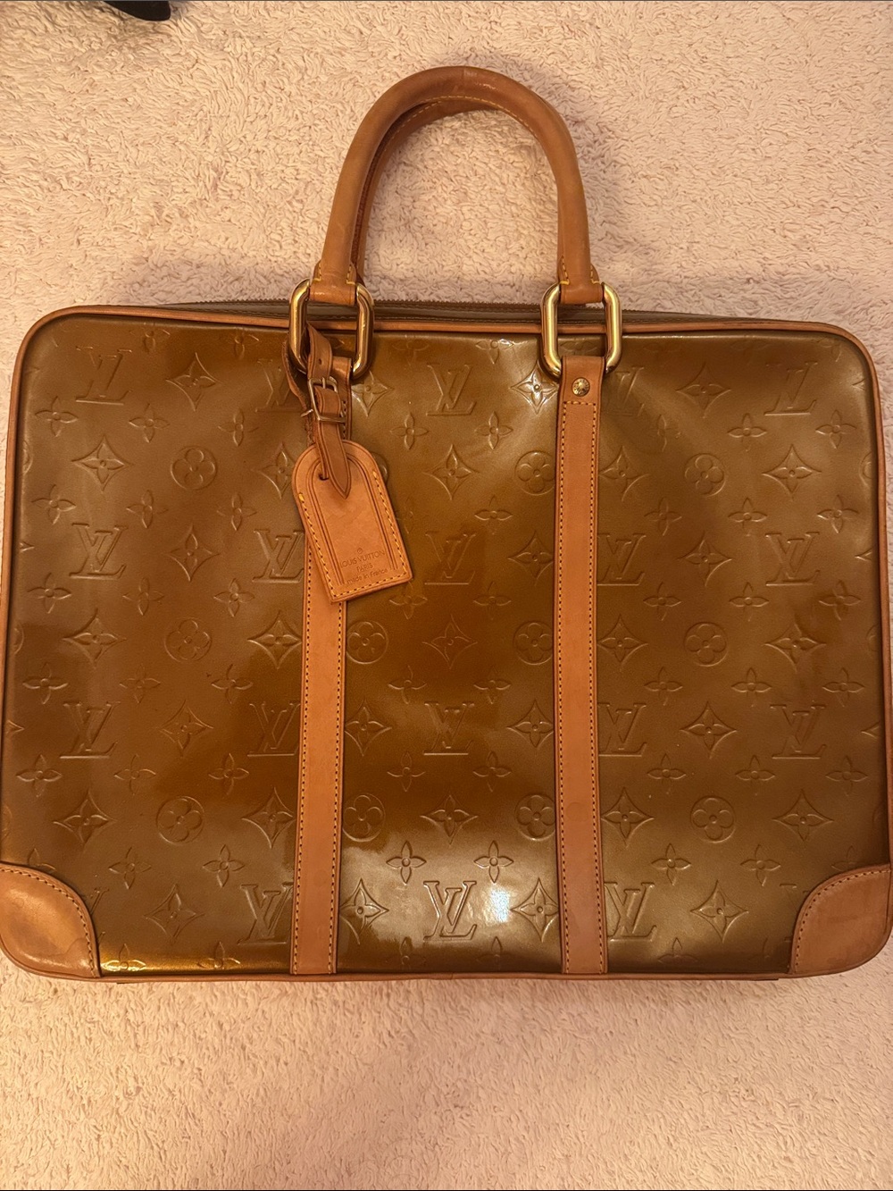Louis Vuitton Monogram Vernis Olive Brown Briefcase with Tan Trim